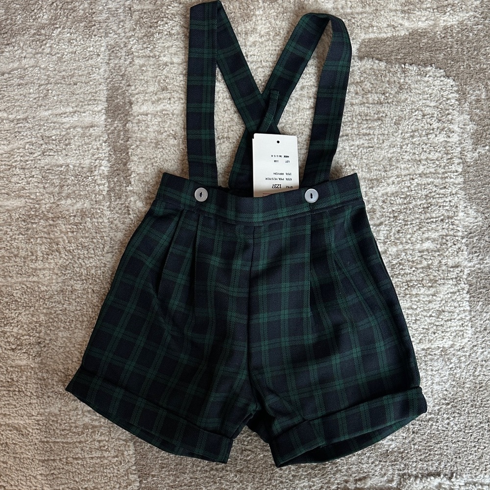 Vintage Kids Green Plaid Suspender Shorts